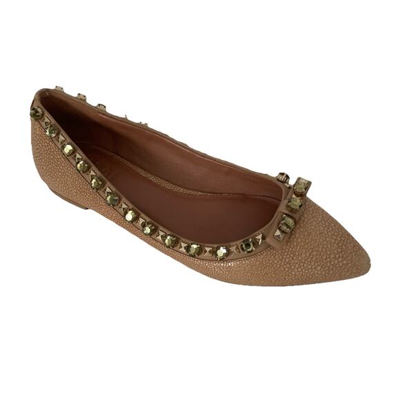 TORY BURCH Ballet Flat Crystal Embellished Point Toe Beige Tan Bow Jewel 6.5 - Picture 1 of 8